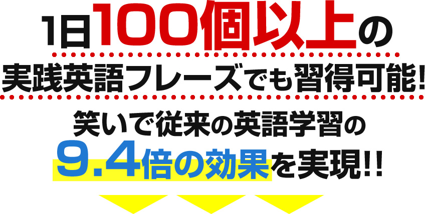 1日100個以上の実践英語フレーズでも習得可能!笑いで従来の英語学習の9.4倍の効果を実現!!